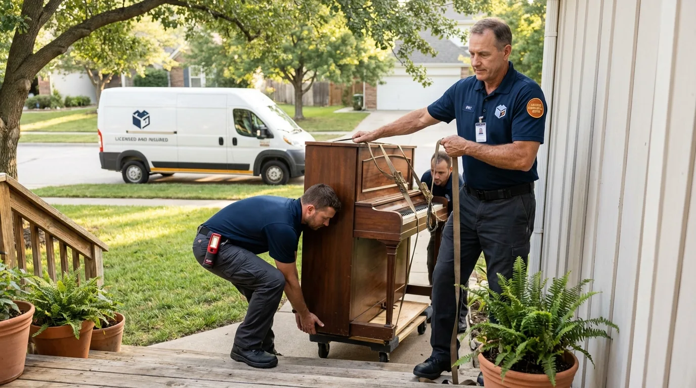 Licensed piano movers securing grand piano in Corozal, PR