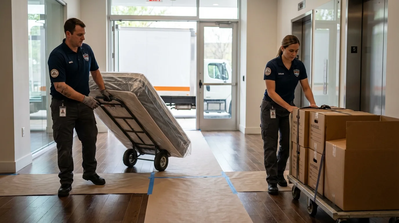 Professional apartment movers loading elevator in Corozal, PR